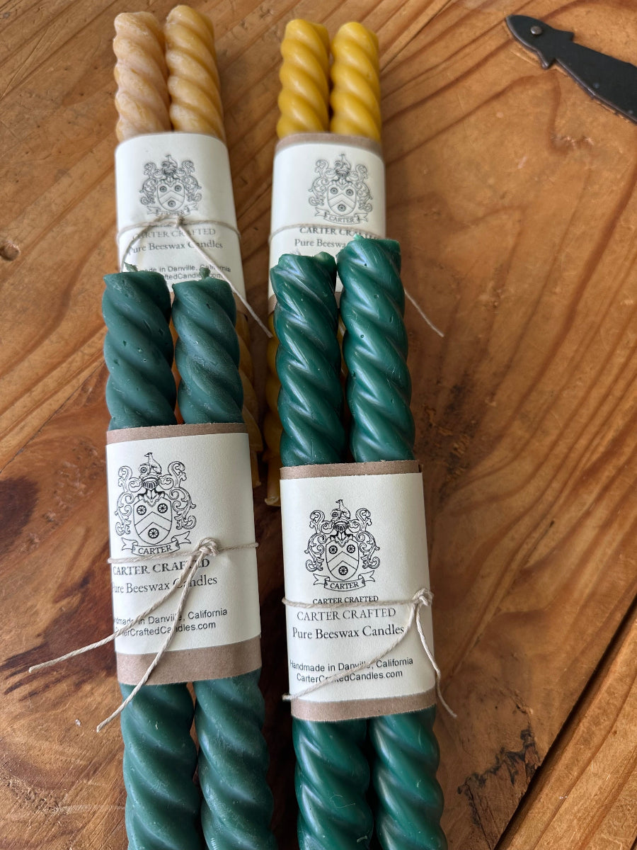 Beeswax Bloom on luxury spiral dinner candles shown in Green and natural unfragranced beeswax