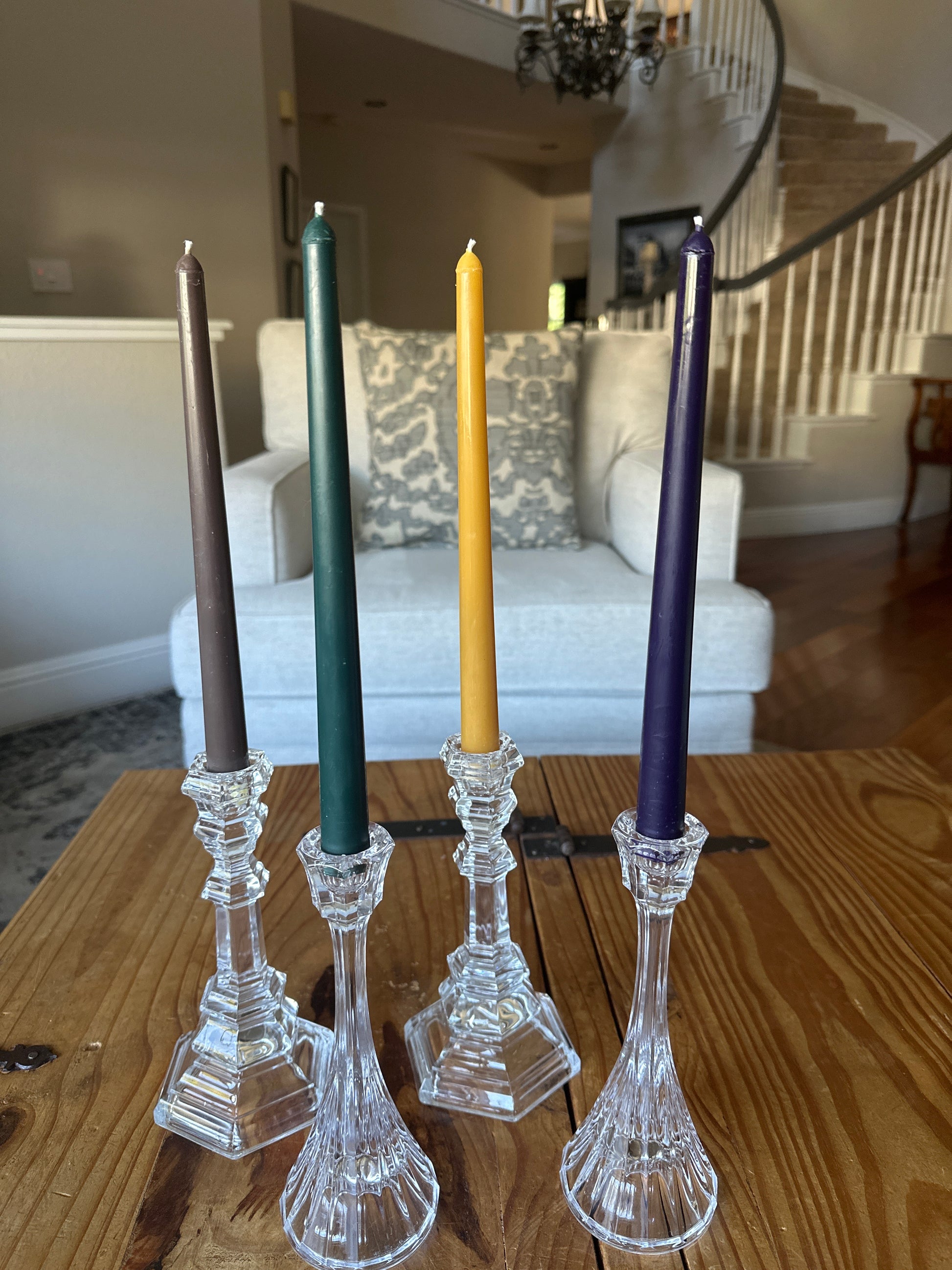 Classic Taper Candles in Purple, Green, Natural Yellow and Brown