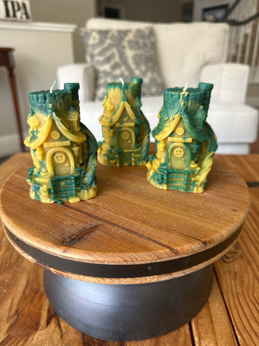 Magical Forest cottage in a tree beeswax candle. 