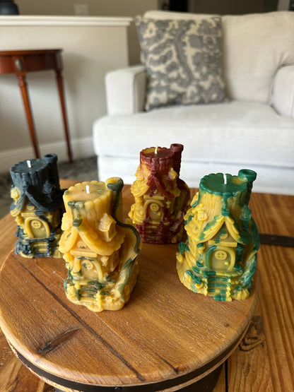 Tree Cottage Candles with accents in brown, green and gray/black
