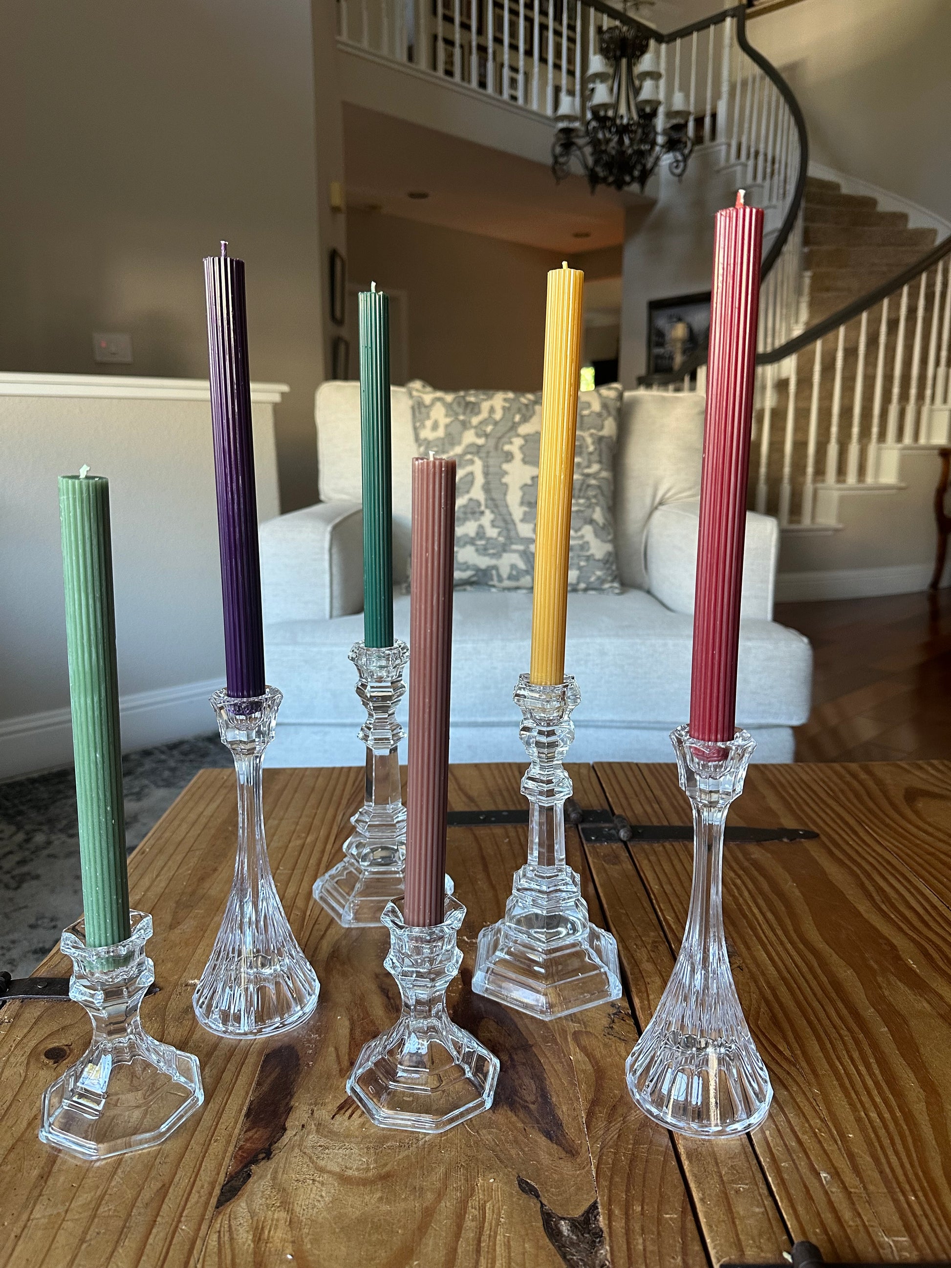 Ribbed Taper Dinner candles in Red, brown, green, purple and natural gold.  All pure beeswax made in California.