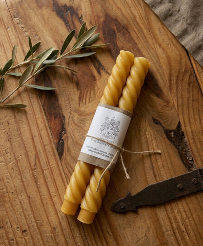 Spiral Dinner Candles made in California.  Shown in Natual Beeswax gold color.  Undyed.